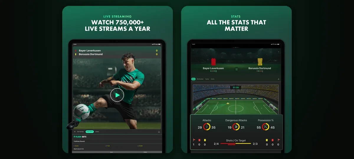 bet365 live streaming and stats screens for in-play betting