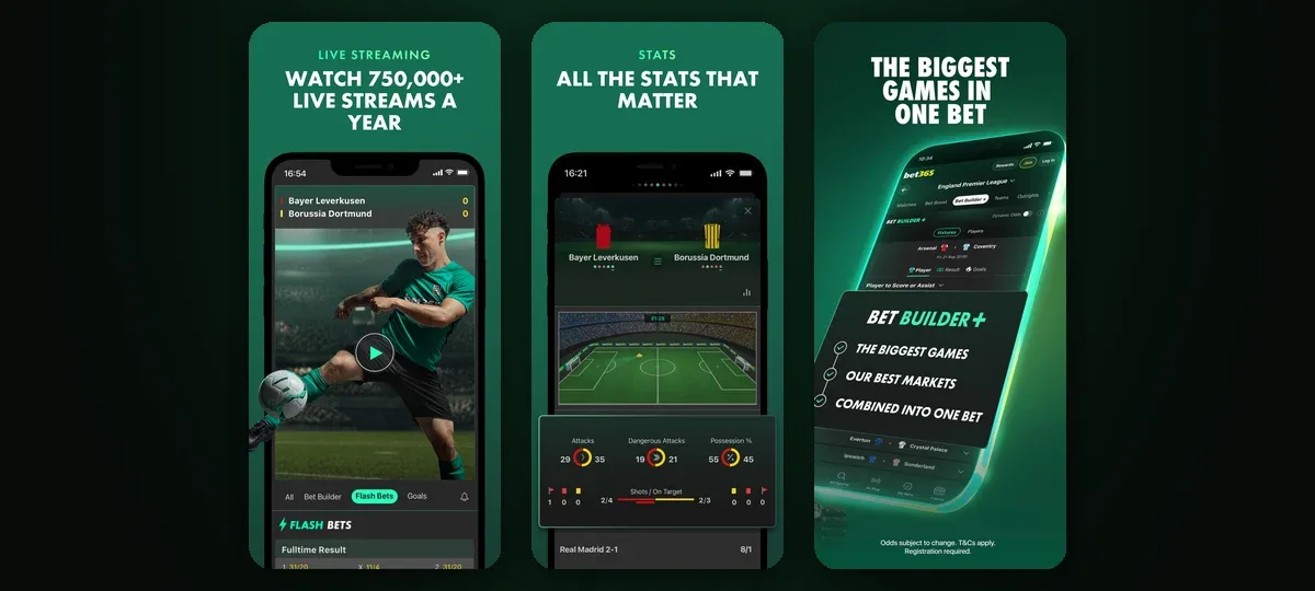 bet365 app screens: live streaming, match stats and Bet Builder