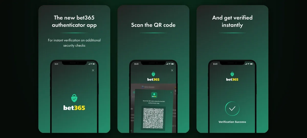 bet365 Authenticator app: login security check, QR code scan and verification success